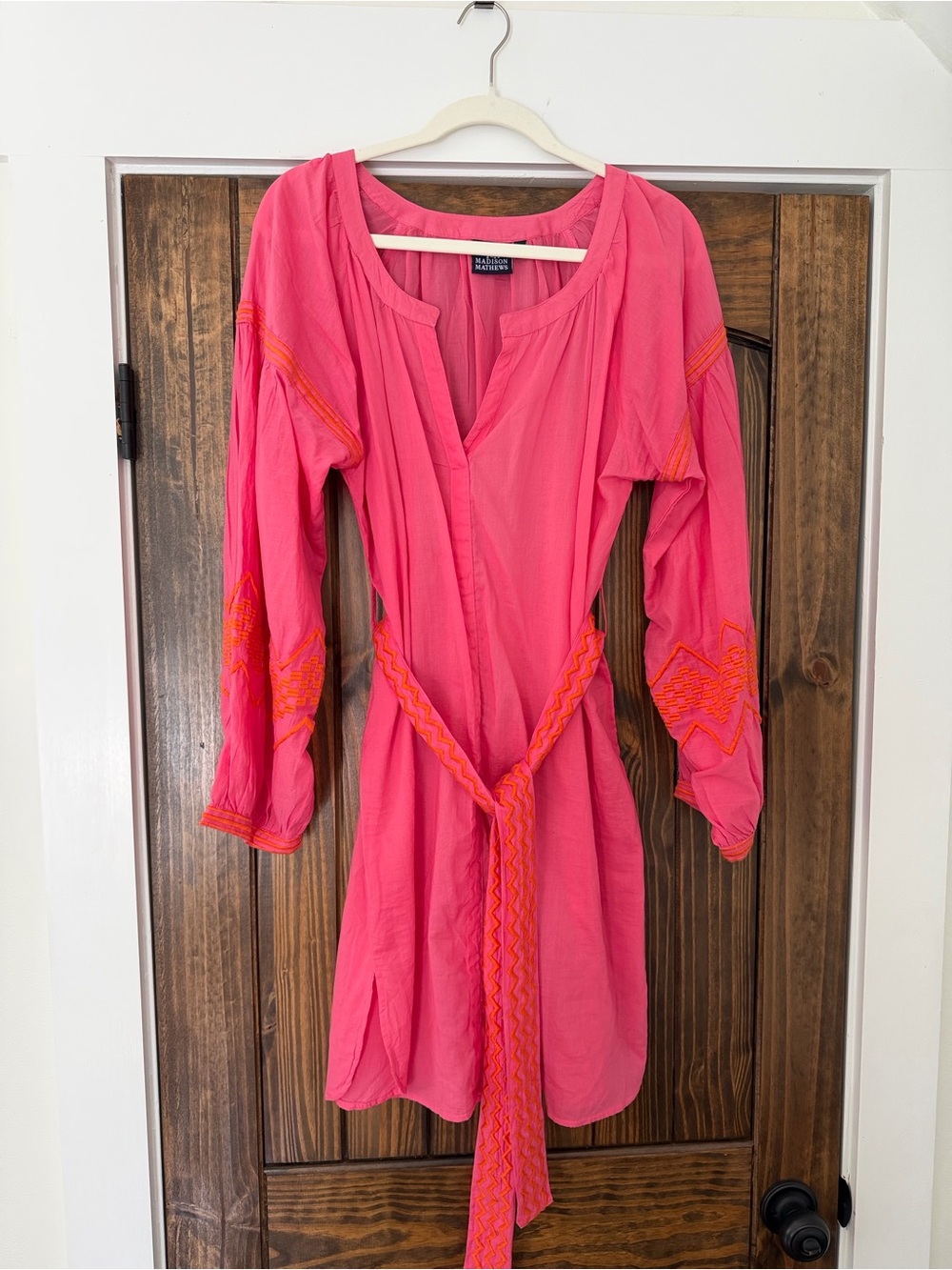 Madison Matthews Bright Pink Embroidered Belted Women's Dress